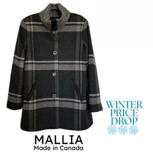 MALLIA  Wool/Cashmere Pea Coat Grey Large Plaid Funnel Neck Size14 MadeInCanada